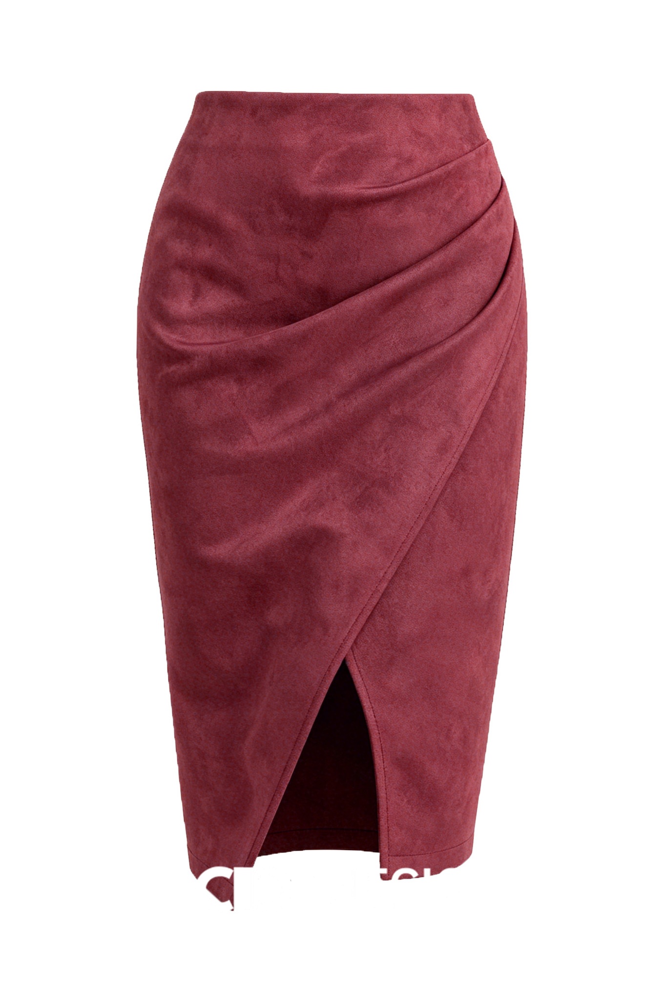 Faux Suede Draped Wrap Slit Midi Skirt