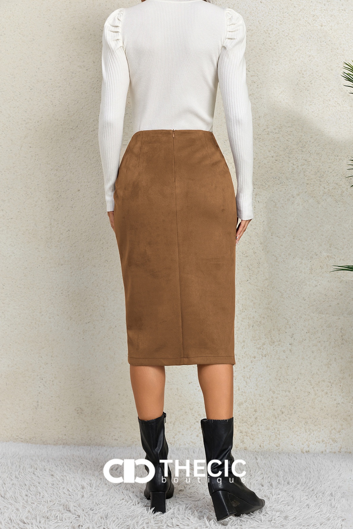 Faux Suede Draped Wrap Slit Midi Skirt