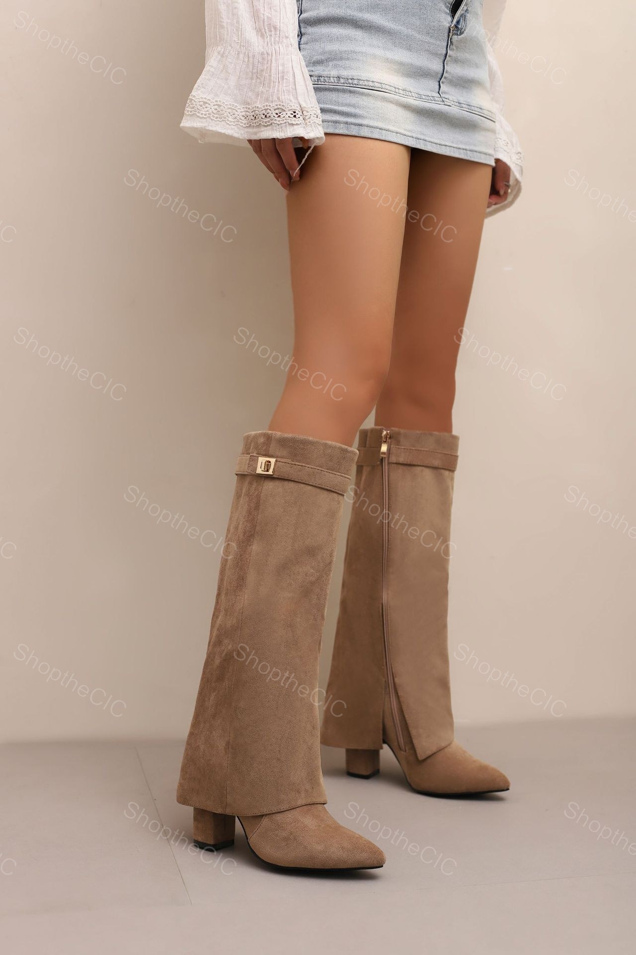 Faux Suede Foldover Pointed-Toe Block Heel Knee-High Boots