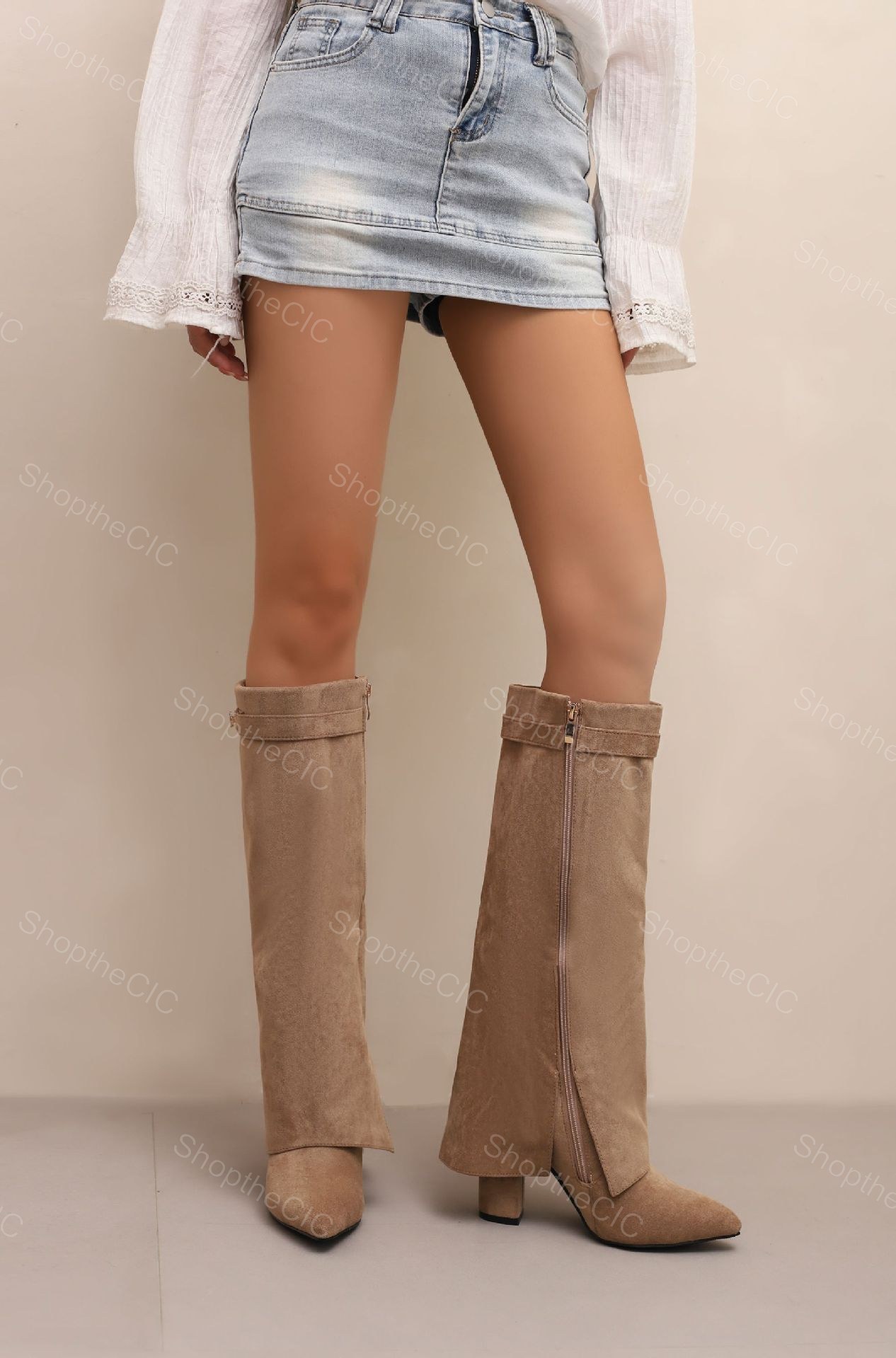 Faux Suede Foldover Pointed-Toe Block Heel Knee-High Boots