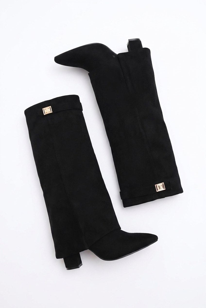 Faux Suede Foldover Pointed-Toe Block Heel Knee-High Boots
