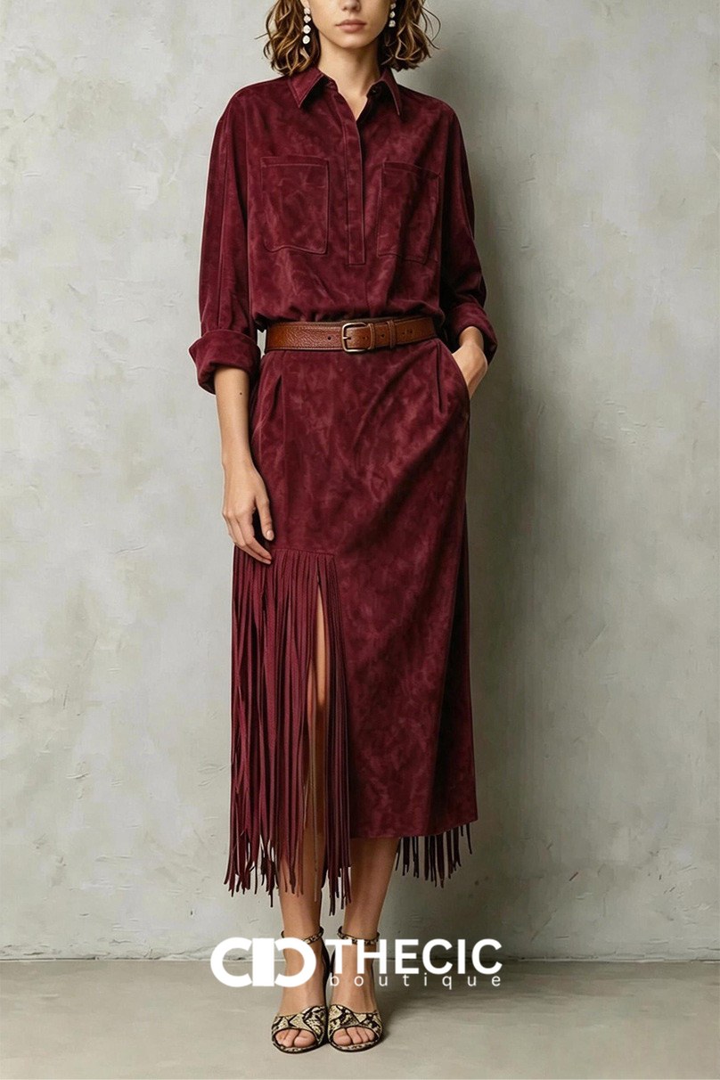 Faux Suede Fringe Collared Midi Shirt Dress