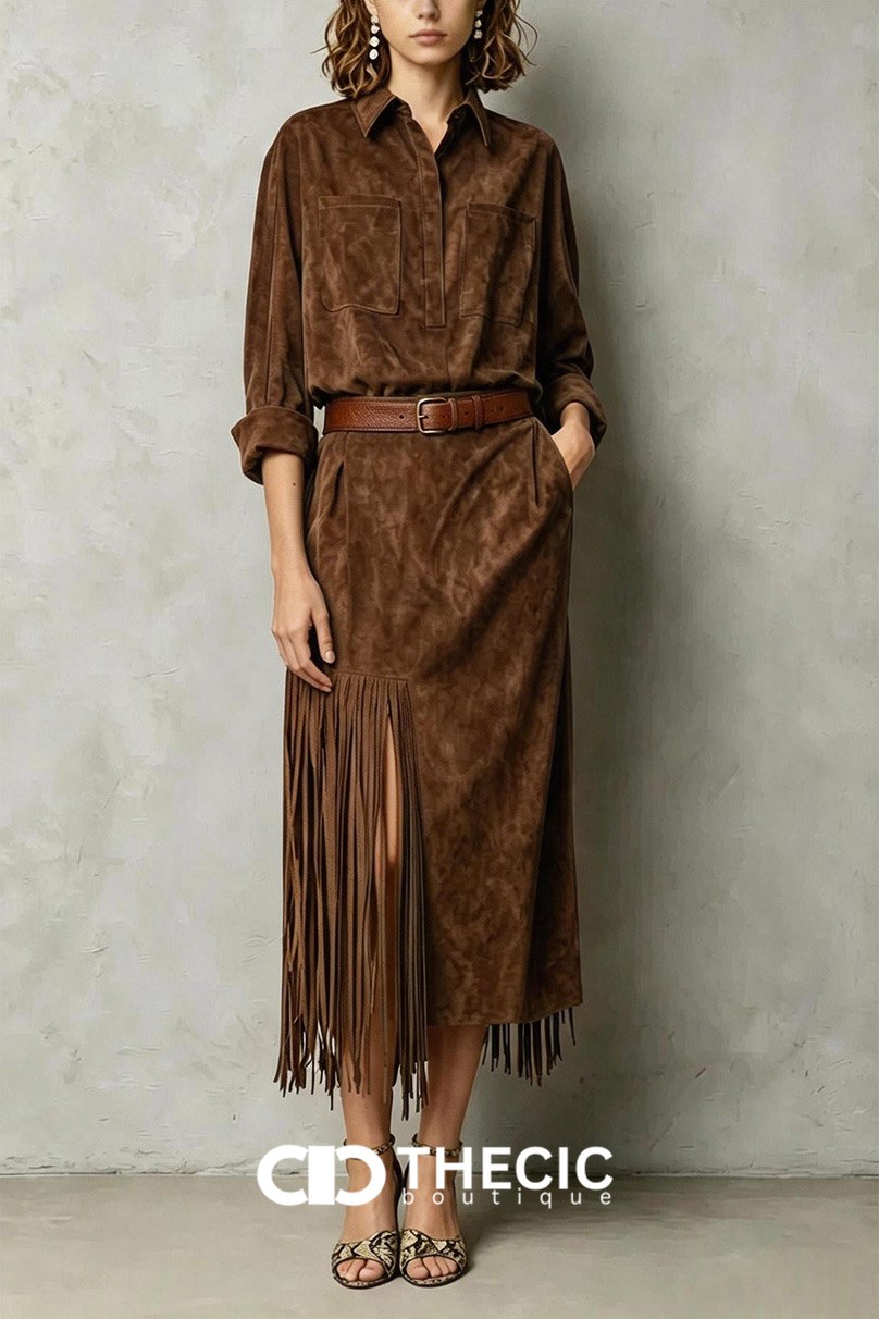 Faux Suede Fringe Collared Midi Shirt Dress