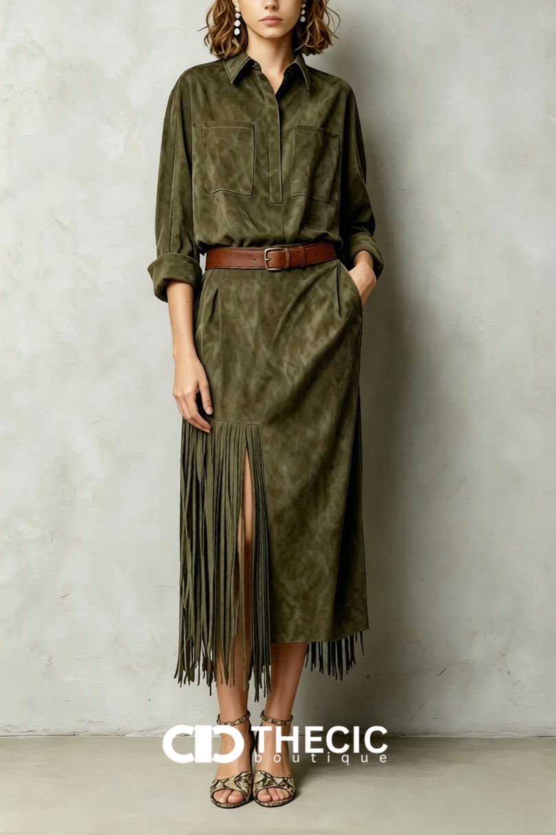 Faux Suede Fringe Collared Midi Shirt Dress