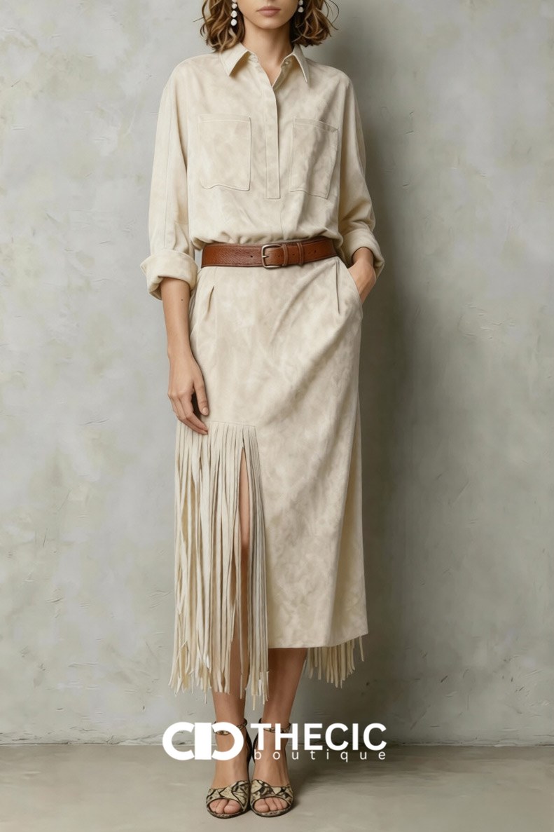 Faux Suede Fringe Collared Midi Shirt Dress