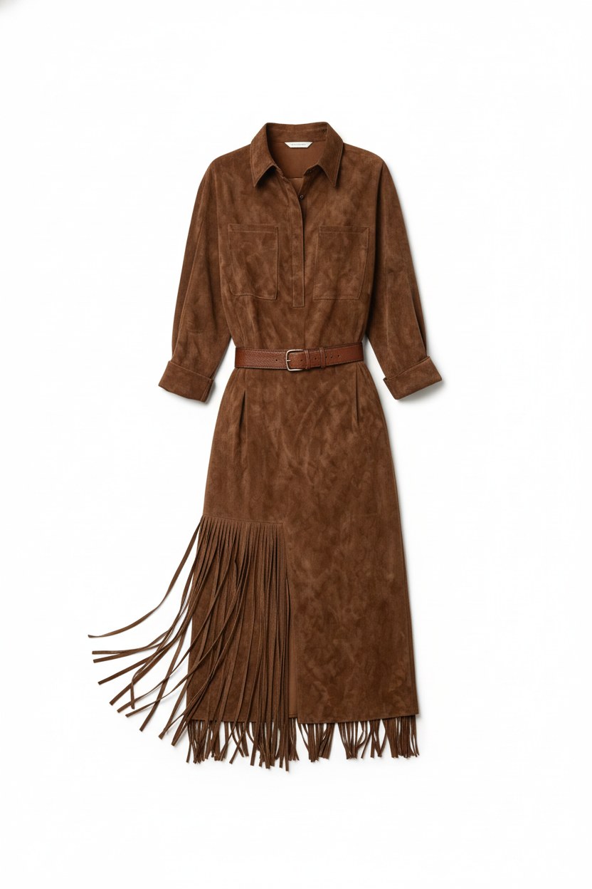 Faux Suede Fringe Collared Midi Shirt Dress