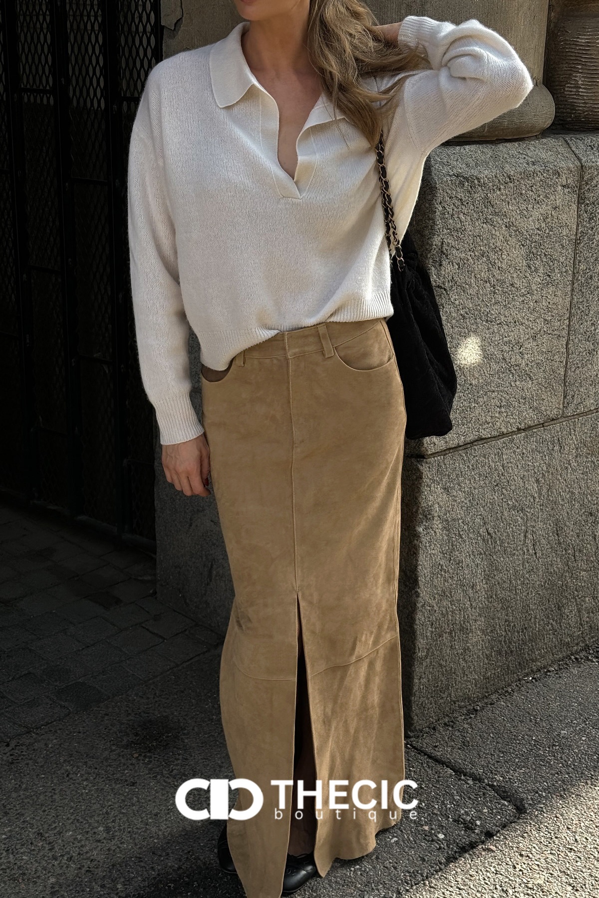 Faux Suede Front Slit Maxi Skirt