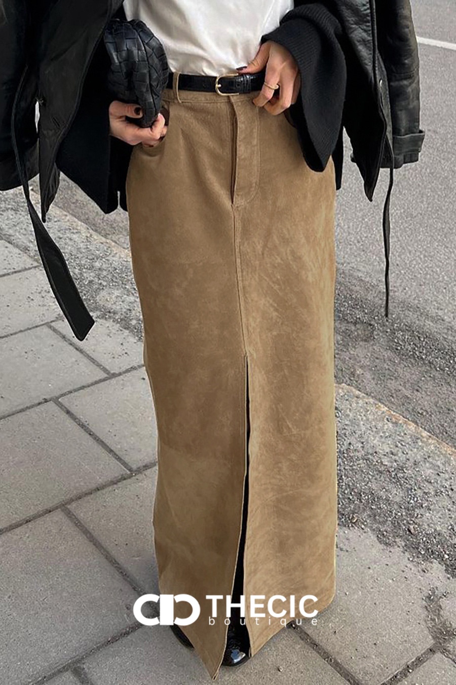 Faux Suede Front Slit Maxi Skirt