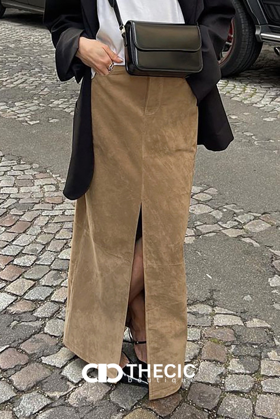 Faux Suede Front Slit Maxi Skirt