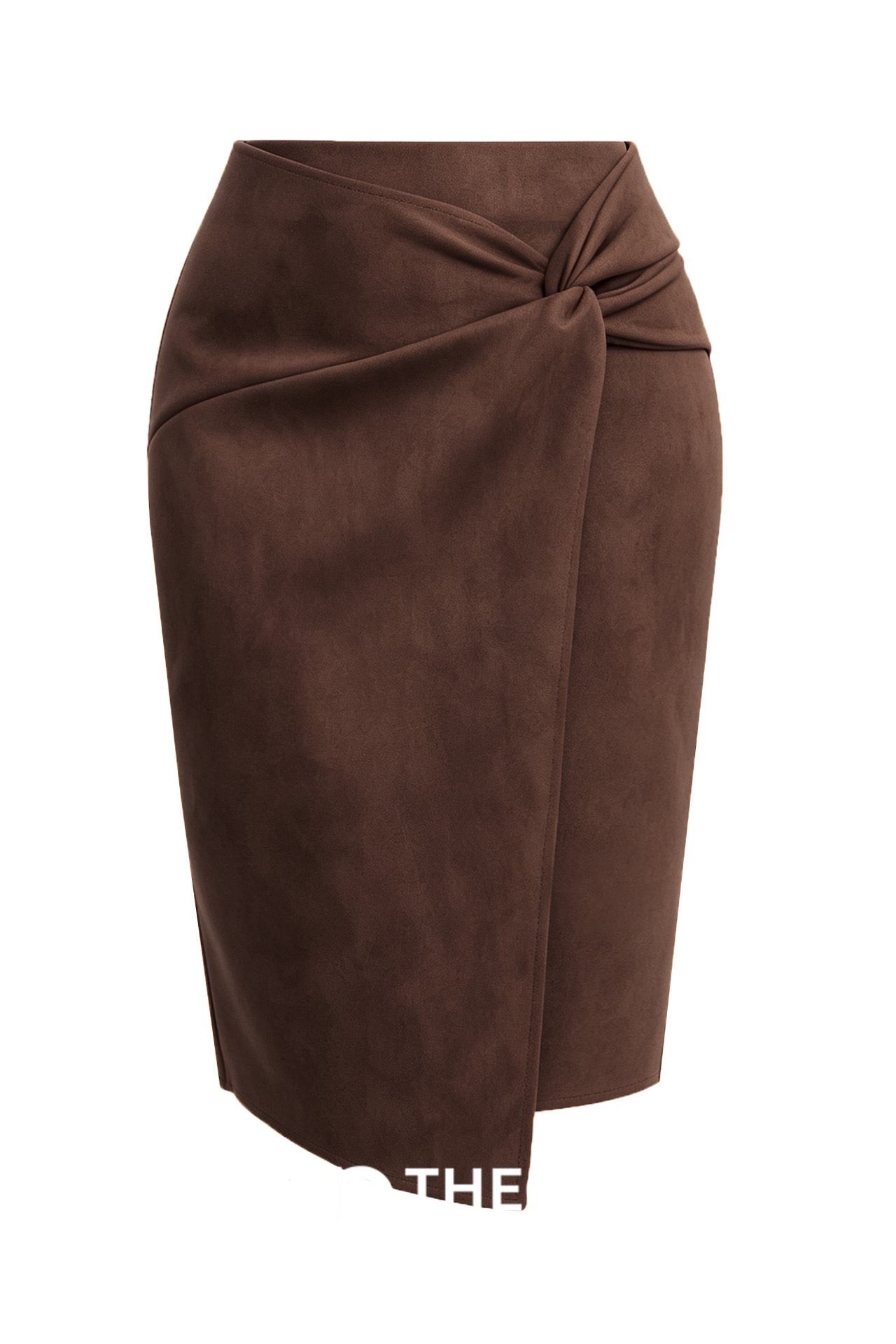 Faux Suede Knot-Front Midi Pencil Skirt