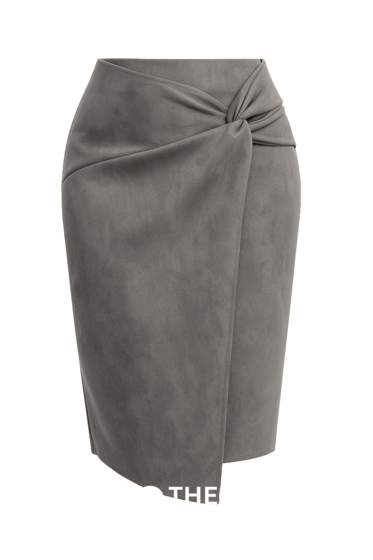 Faux Suede Knot-Front Midi Pencil Skirt