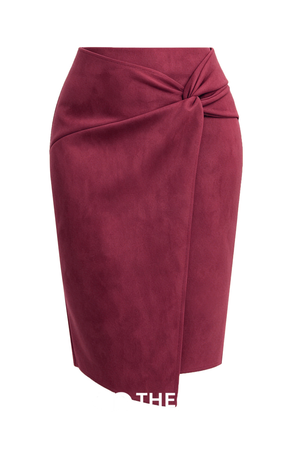 Faux Suede Knot-Front Midi Pencil Skirt