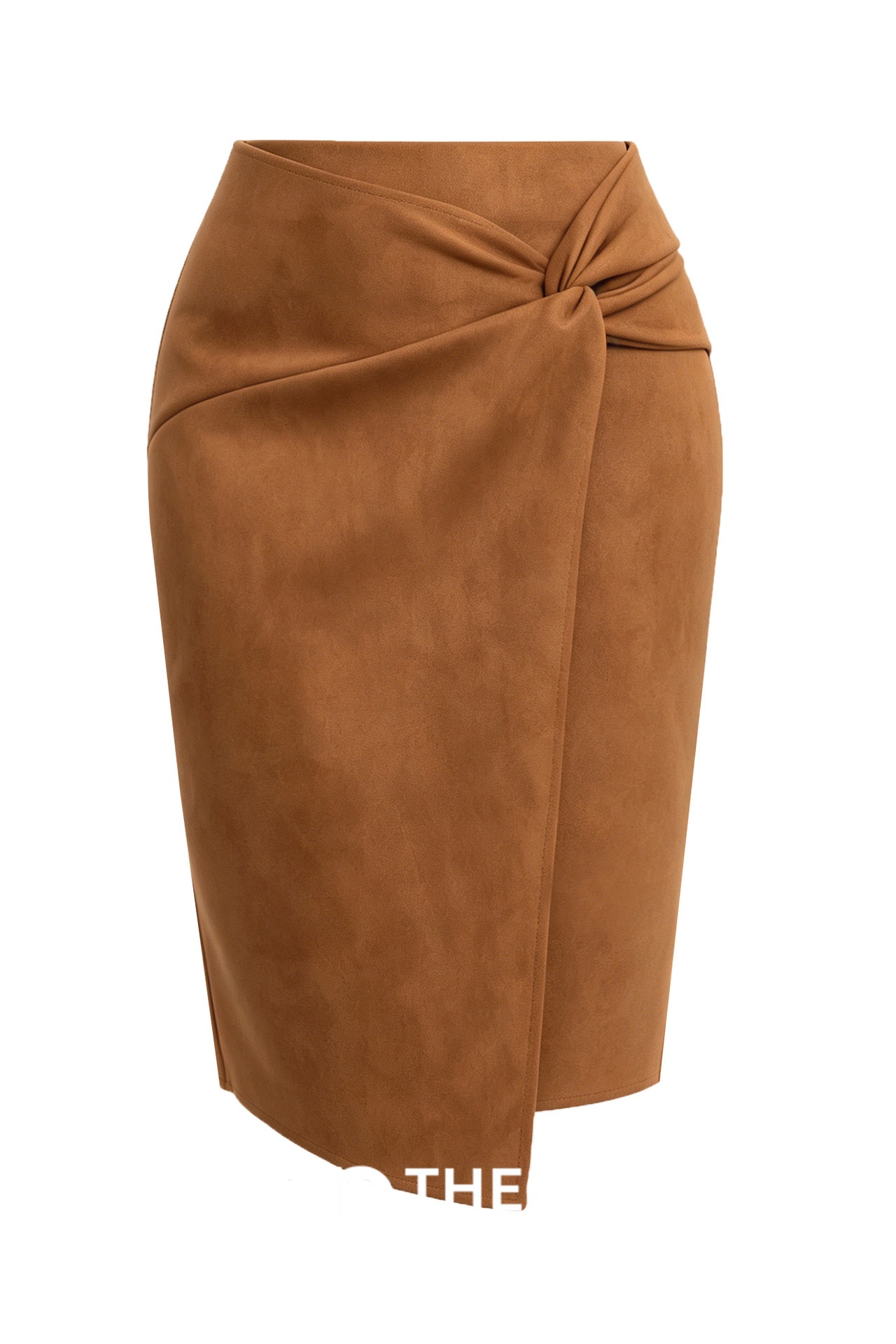 Faux Suede Knot-Front Midi Pencil Skirt