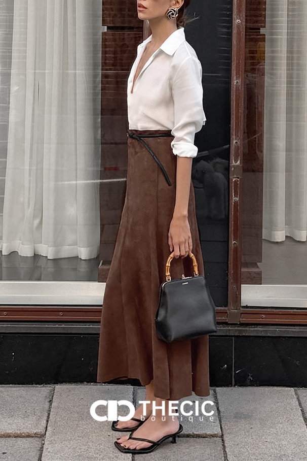 Faux Suede Seamed A-Line Midi Skirt