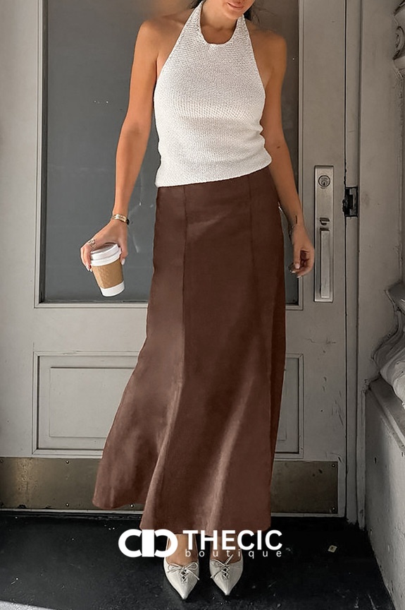 Faux Suede Seamed A-Line Midi Skirt