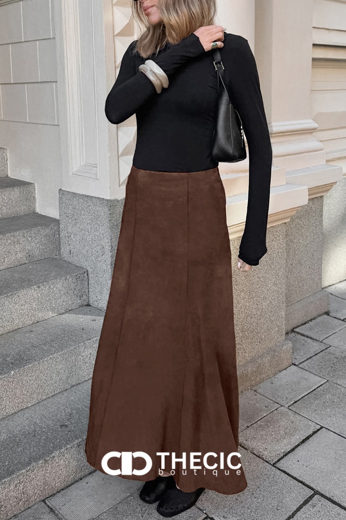 Faux Suede Seamed A-Line Midi Skirt