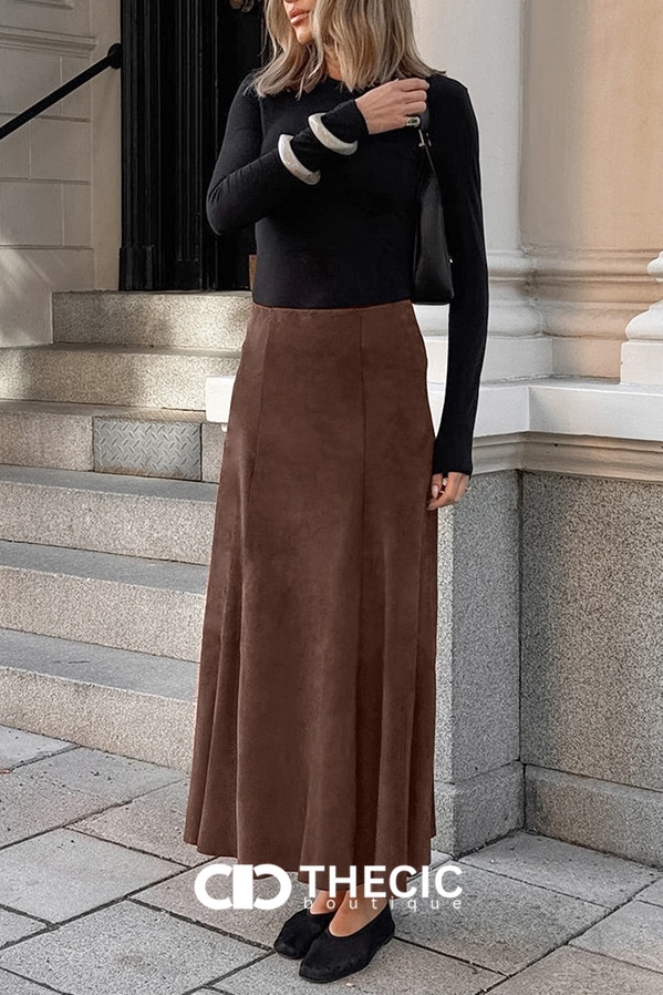 Faux Suede Seamed A-Line Midi Skirt