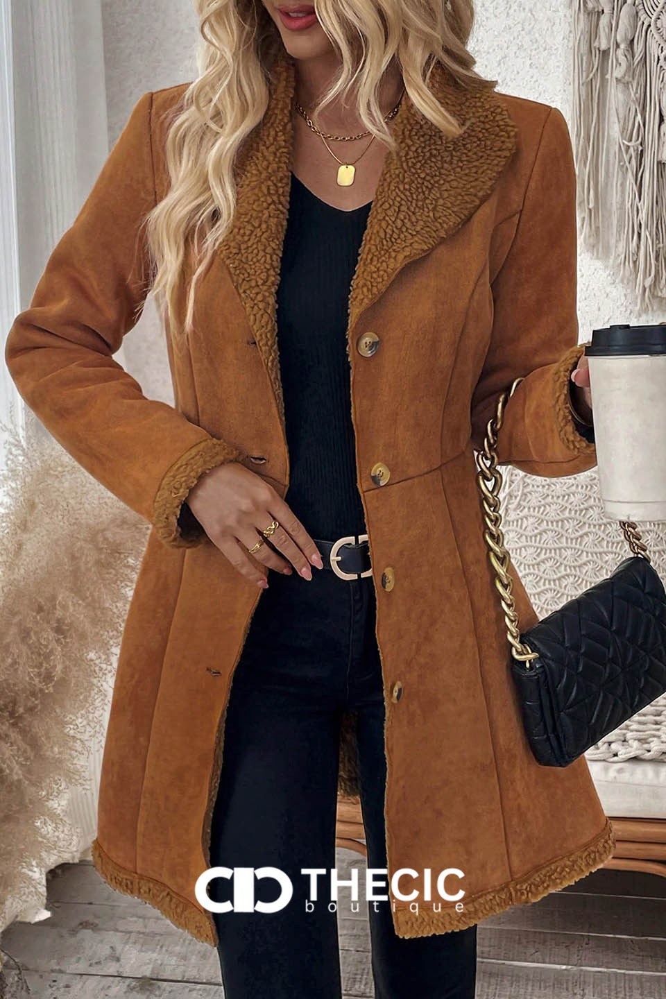 Faux Suede Shearling Trim Button-Front Coat