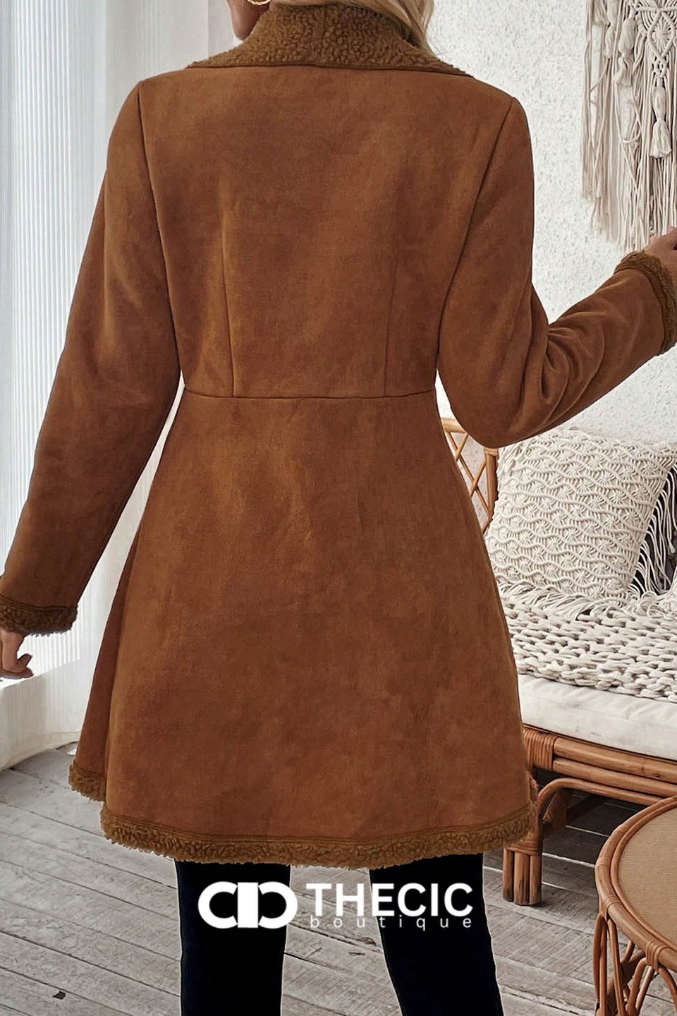Faux Suede Shearling Trim Button-Front Coat