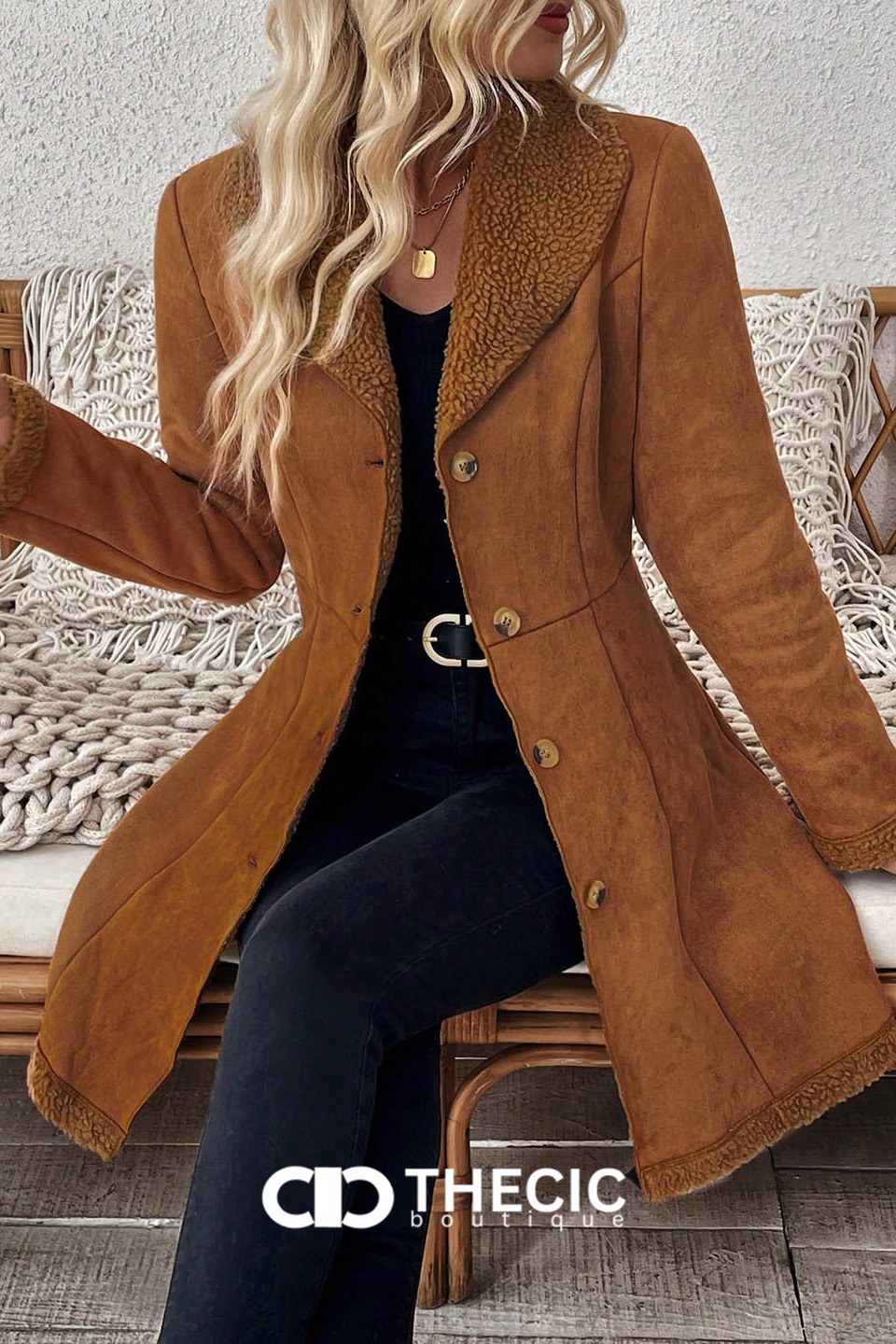Faux Suede Shearling Trim Button-Front Coat
