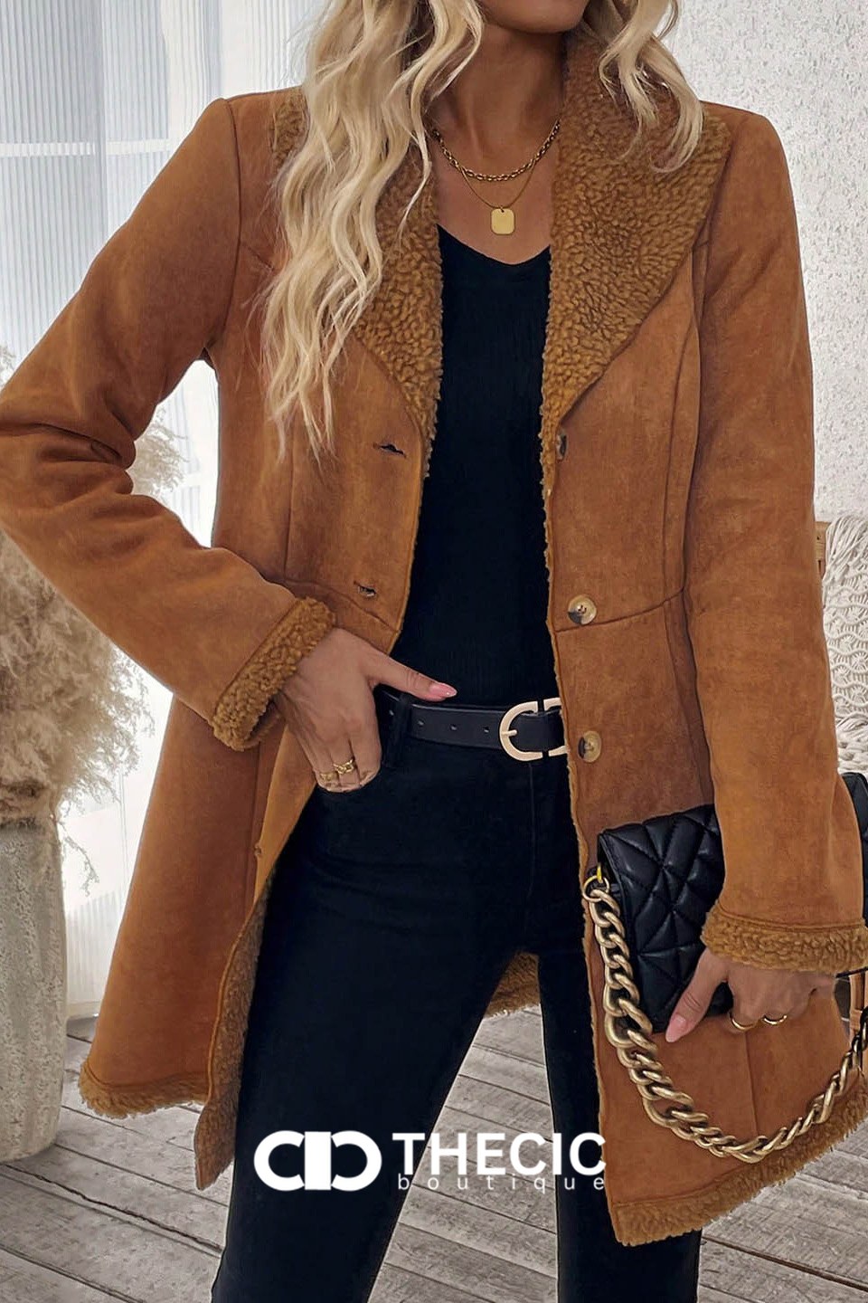 Faux Suede Shearling Trim Button-Front Coat