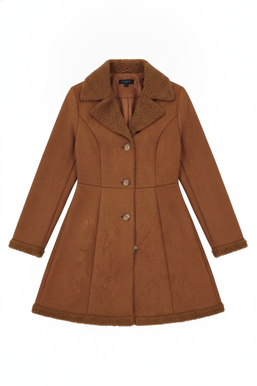 Faux Suede Shearling Trim Button-Front Coat