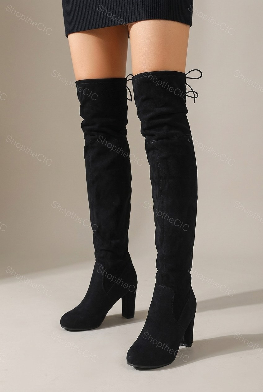 Faux Suede Tie-Back Block Heel Over-the-Knee Boots