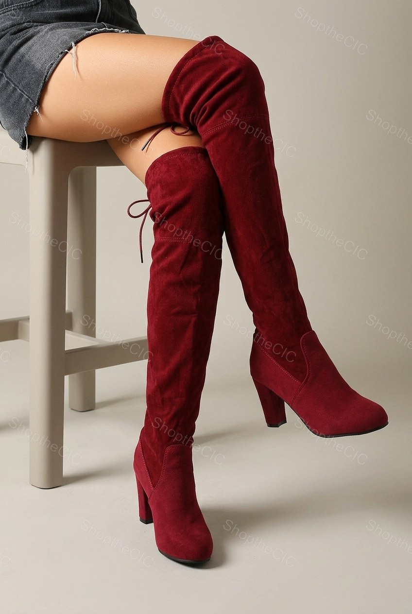 Faux Suede Tie-Back Block Heel Over-the-Knee Boots