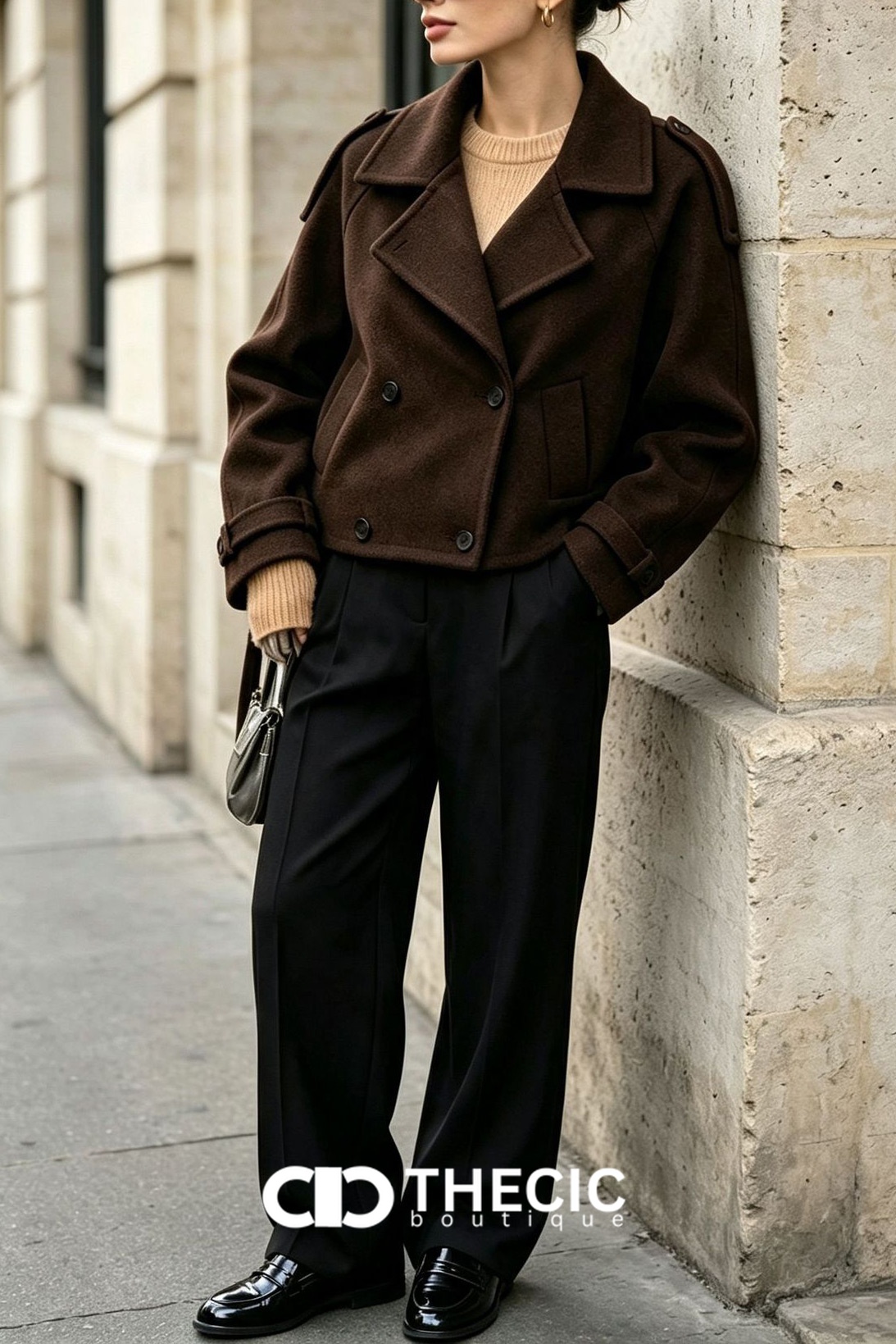 Felted Double-Breasted Cropped Tie-Waist Jacket