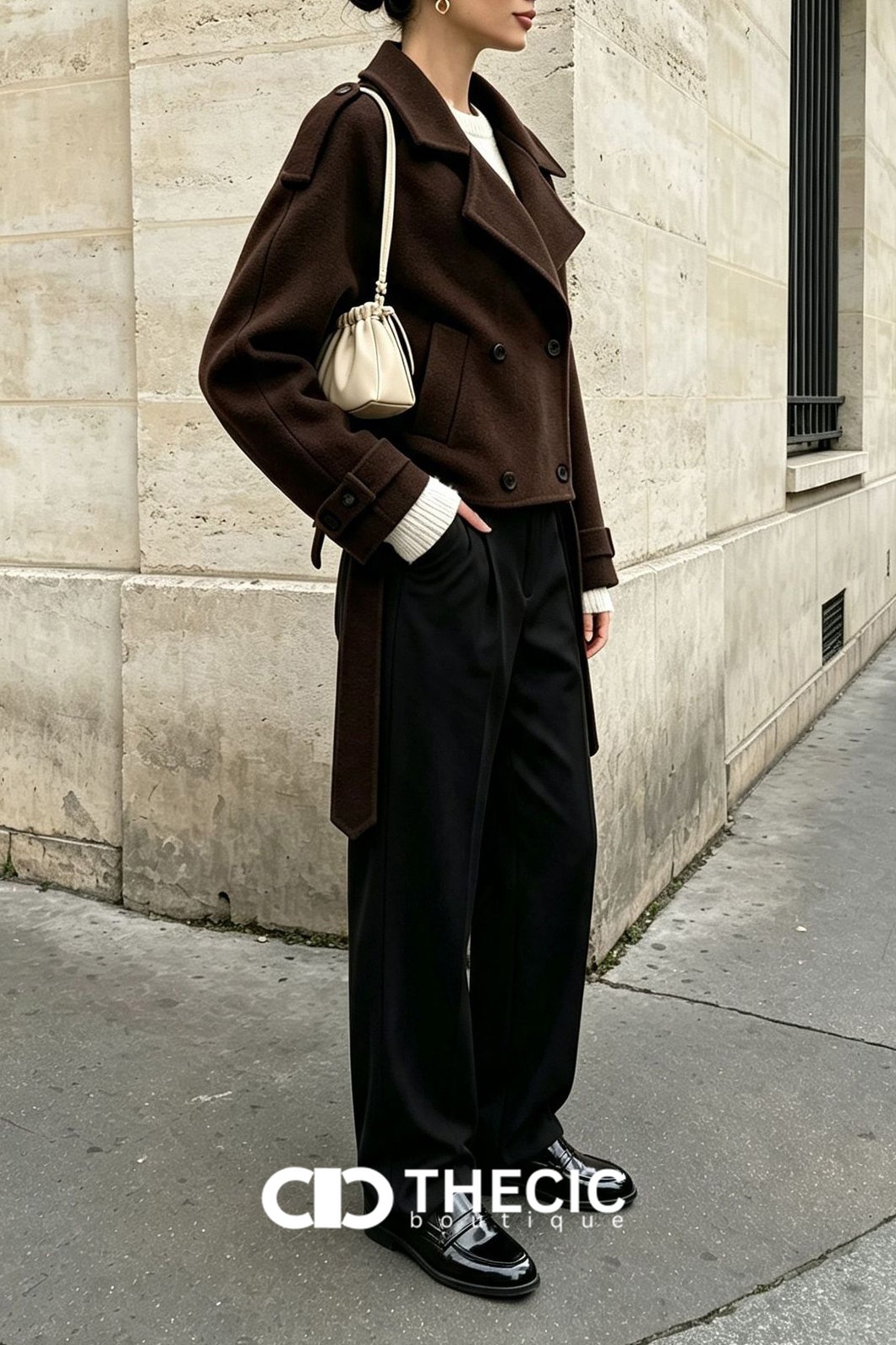 Felted Double-Breasted Cropped Tie-Waist Jacket