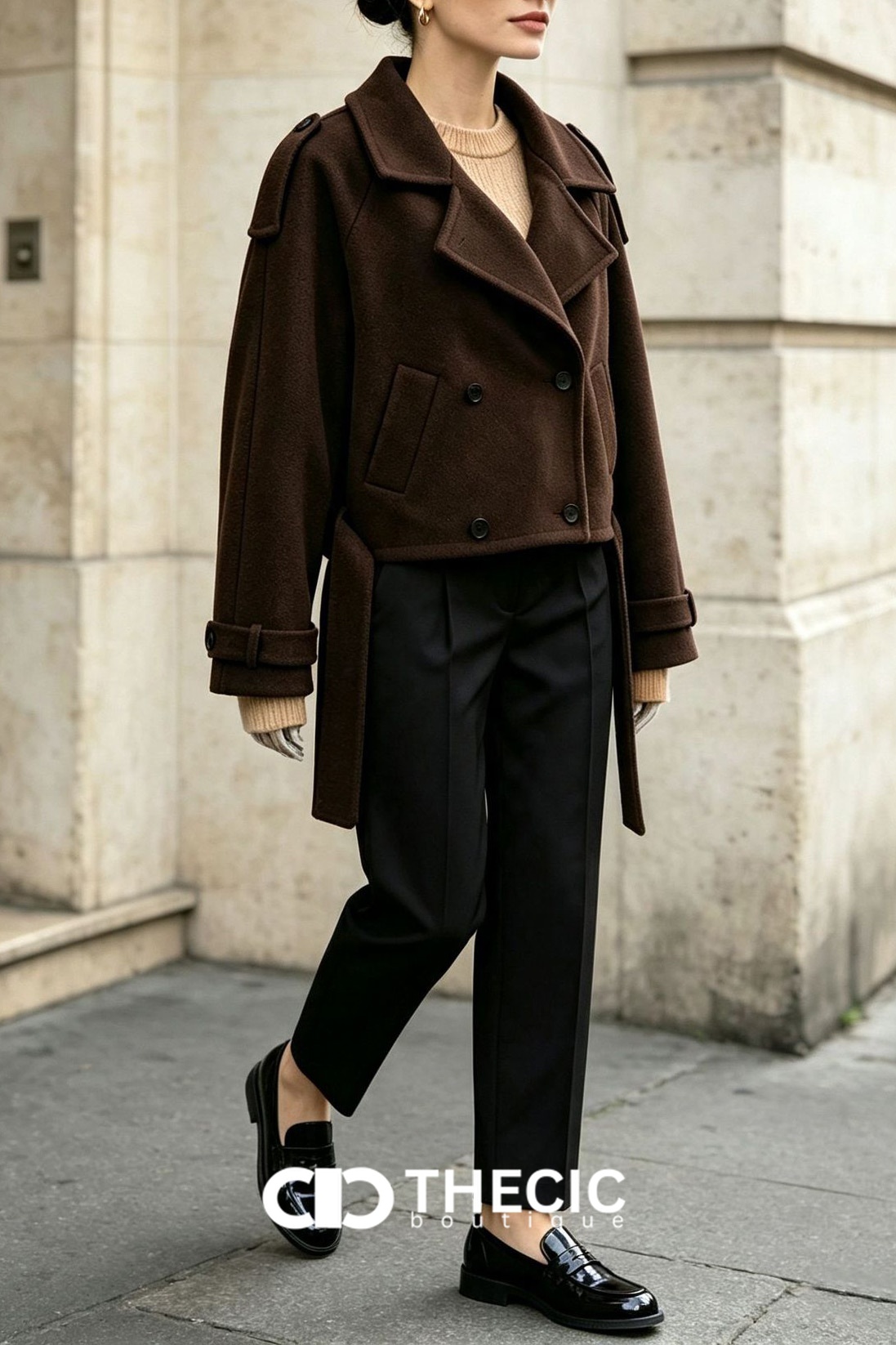 Felted Double-Breasted Cropped Tie-Waist Jacket