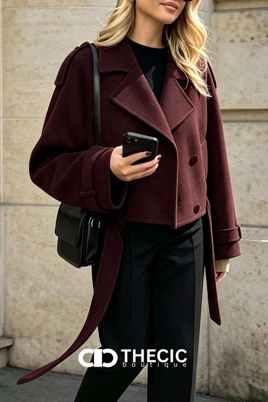 Felted Double-Breasted Cropped Tie-Waist Jacket