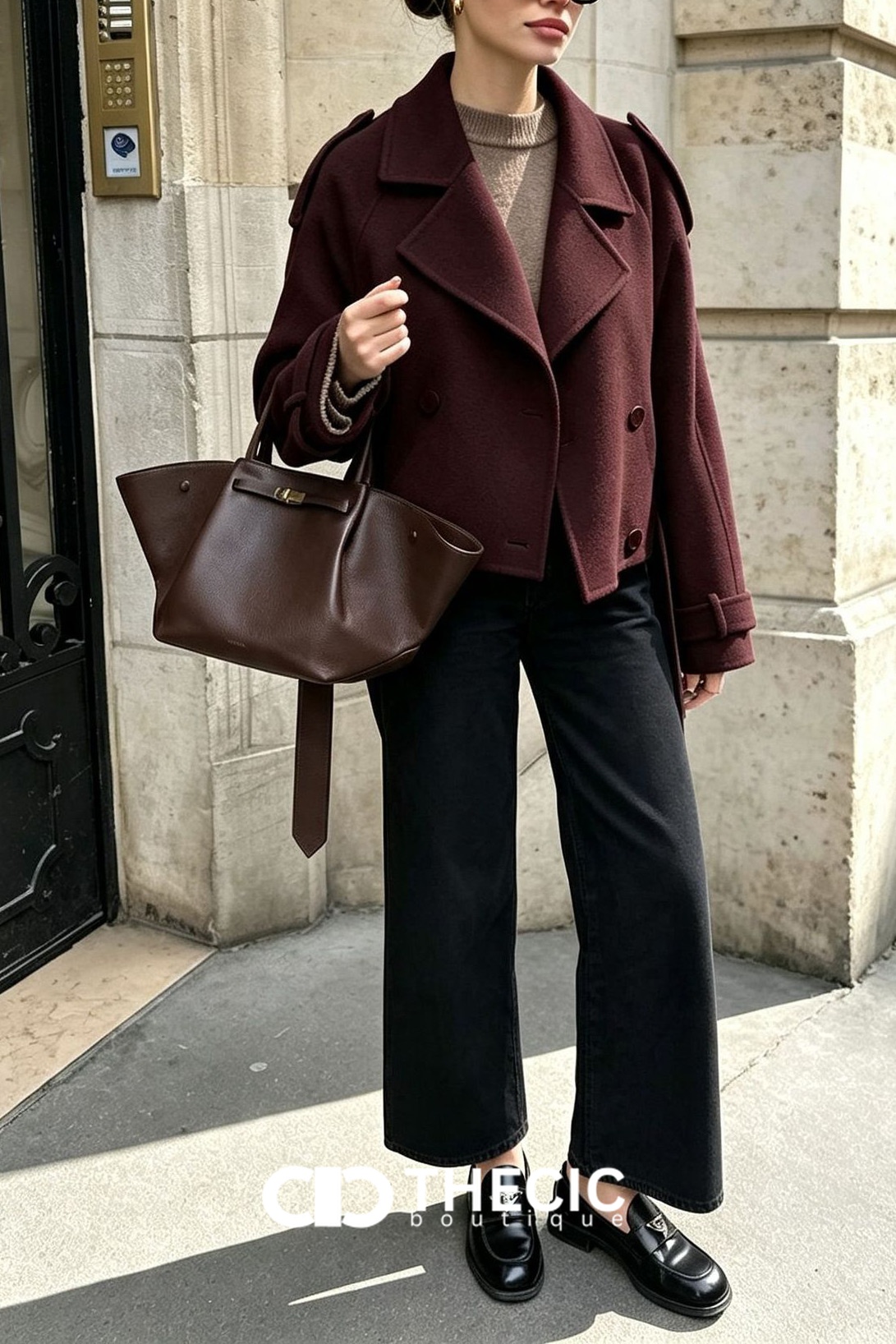 Felted Double-Breasted Cropped Tie-Waist Jacket