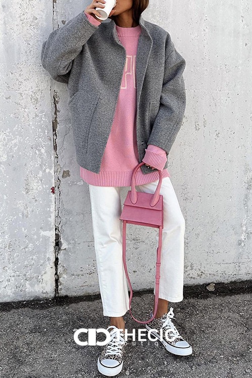 Felted Stand Collar Snap Button Jacket