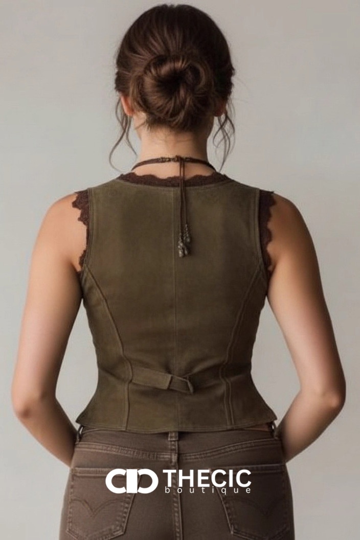 Fitted Lace Trim Faux Suede Button Front Vest