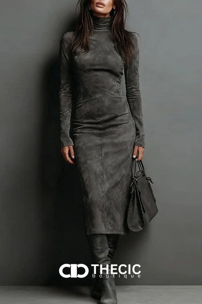 Fitted Suede-Effect Turtleneck Long Sleeve Midi Dress