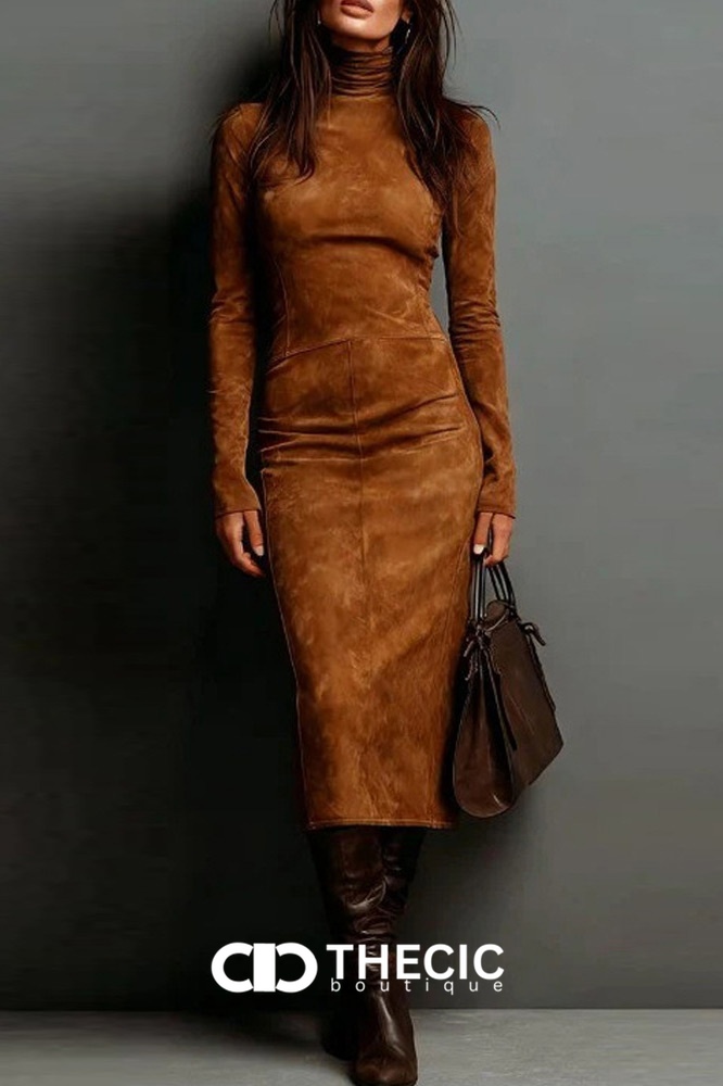 Fitted Suede-Effect Turtleneck Long Sleeve Midi Dress
