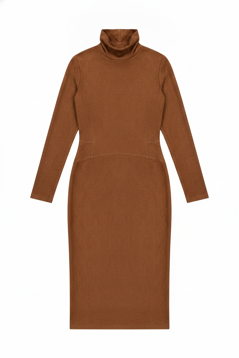 Fitted Suede-Effect Turtleneck Long Sleeve Midi Dress