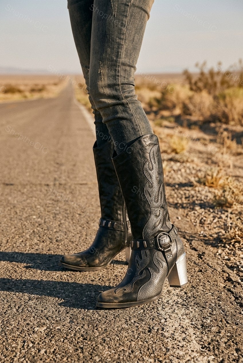 Flame Applique Buckle Metallic Block Heel Knee-High Boots