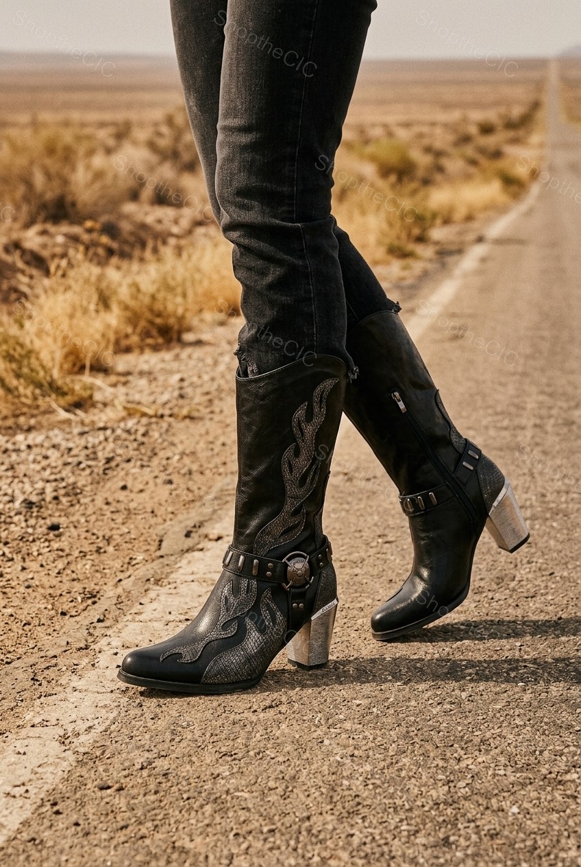 Flame Applique Buckle Metallic Block Heel Knee-High Boots