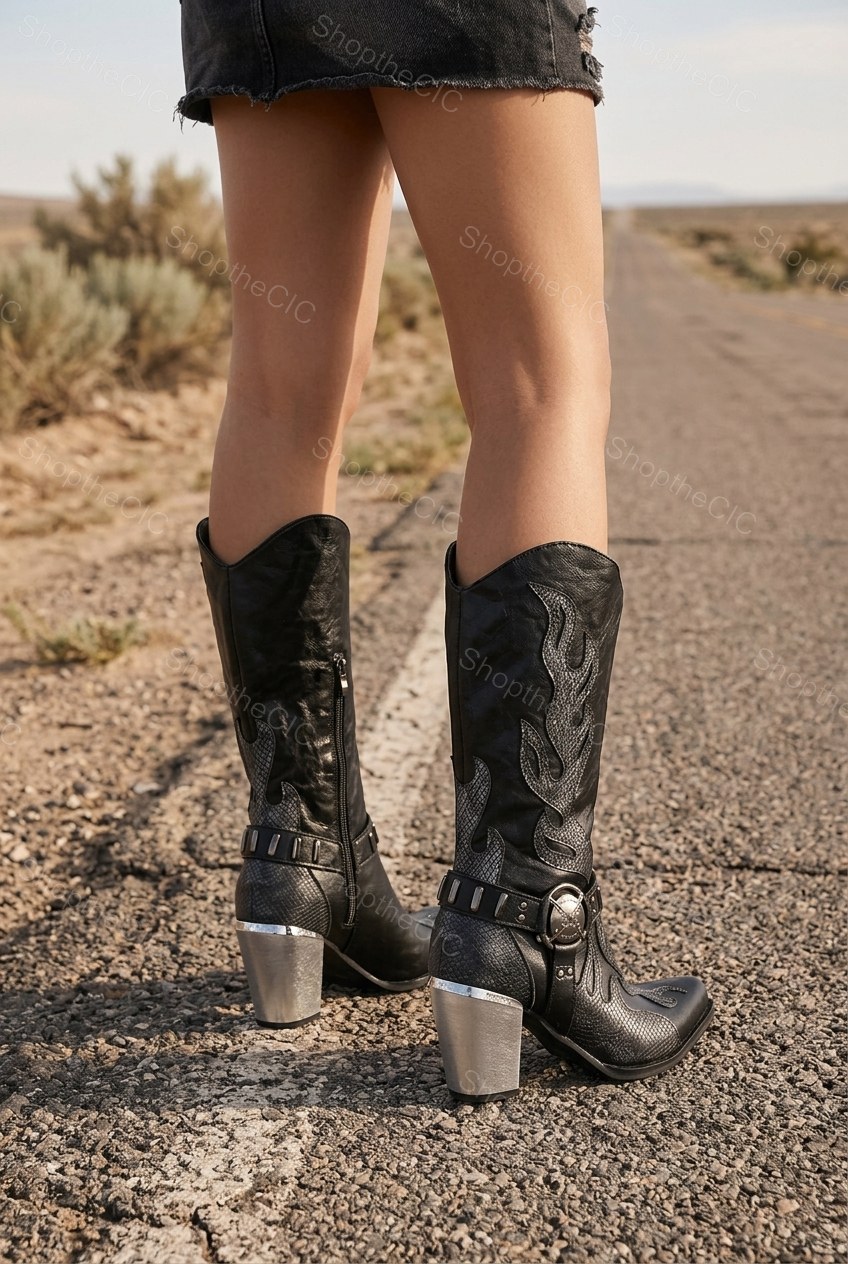 Flame Applique Buckle Metallic Block Heel Knee-High Boots