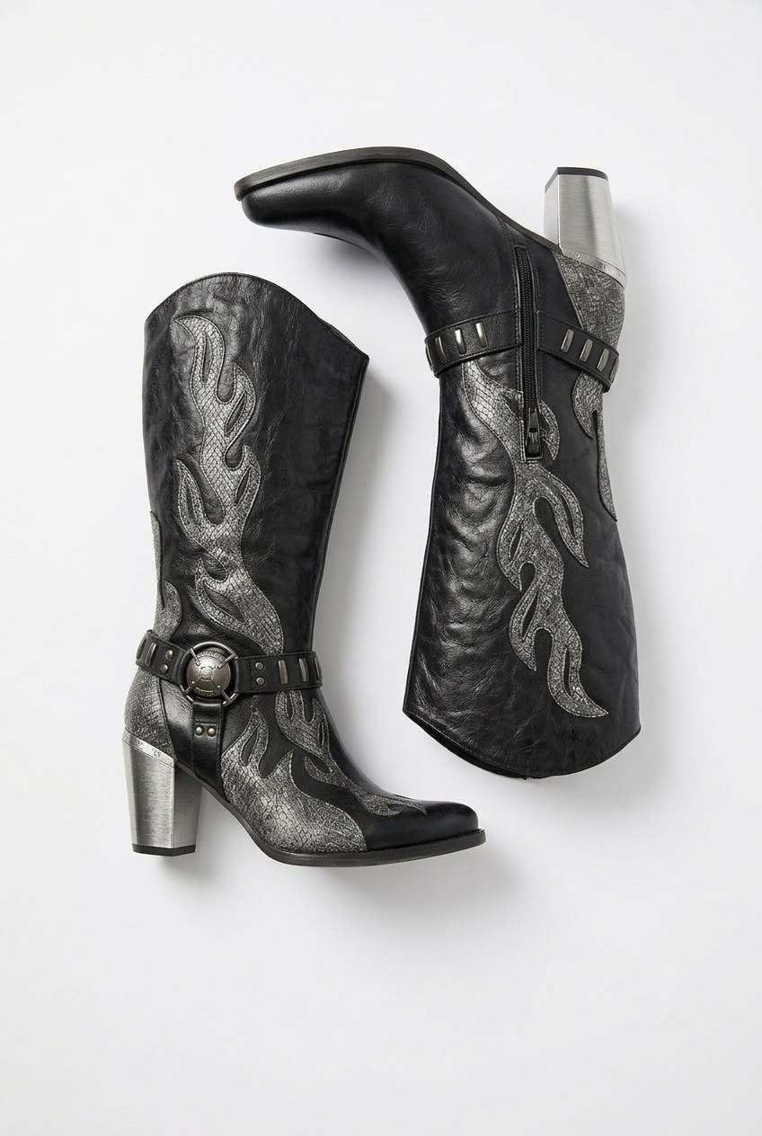 Flame Applique Buckle Metallic Block Heel Knee-High Boots