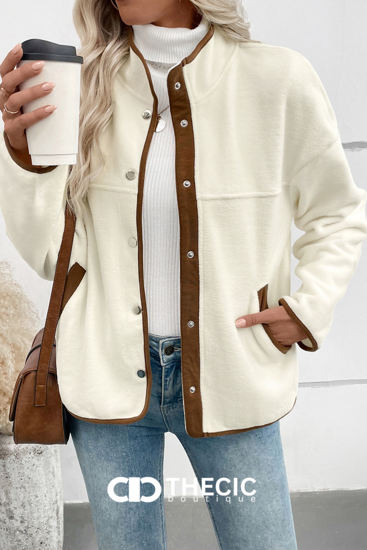Fleece Stand Collar Contrast Trim Jacket