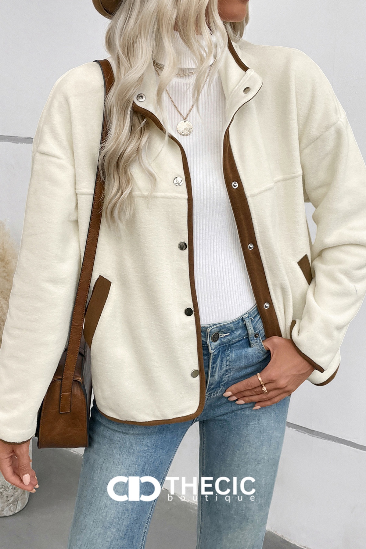 Fleece Stand Collar Contrast Trim Jacket