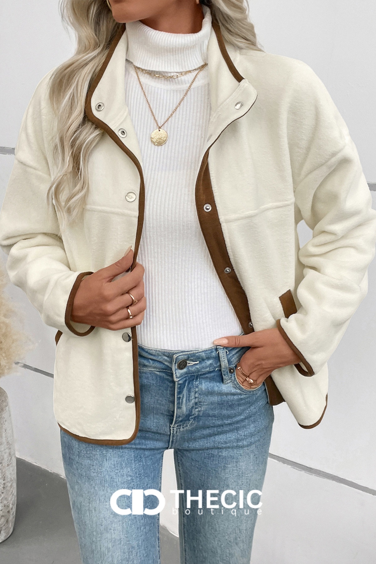 Fleece Stand Collar Contrast Trim Jacket