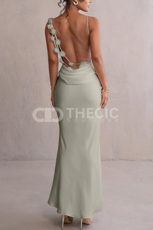 Floral Appliqué Cowl Neck Draped Open Back Maxi Dress