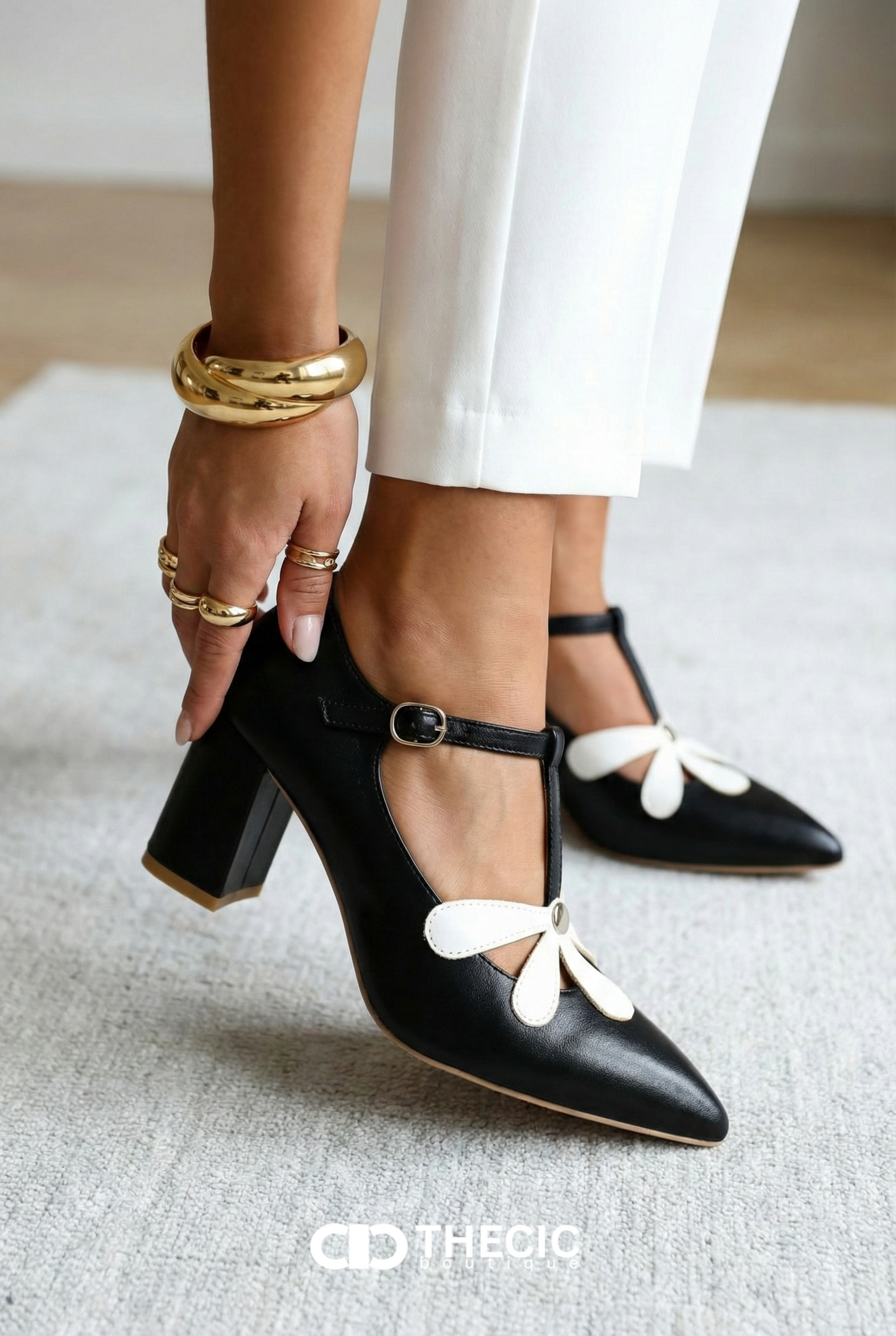 Floral Appliqué Pointed-Toe T-Strap Block Heel Pumps