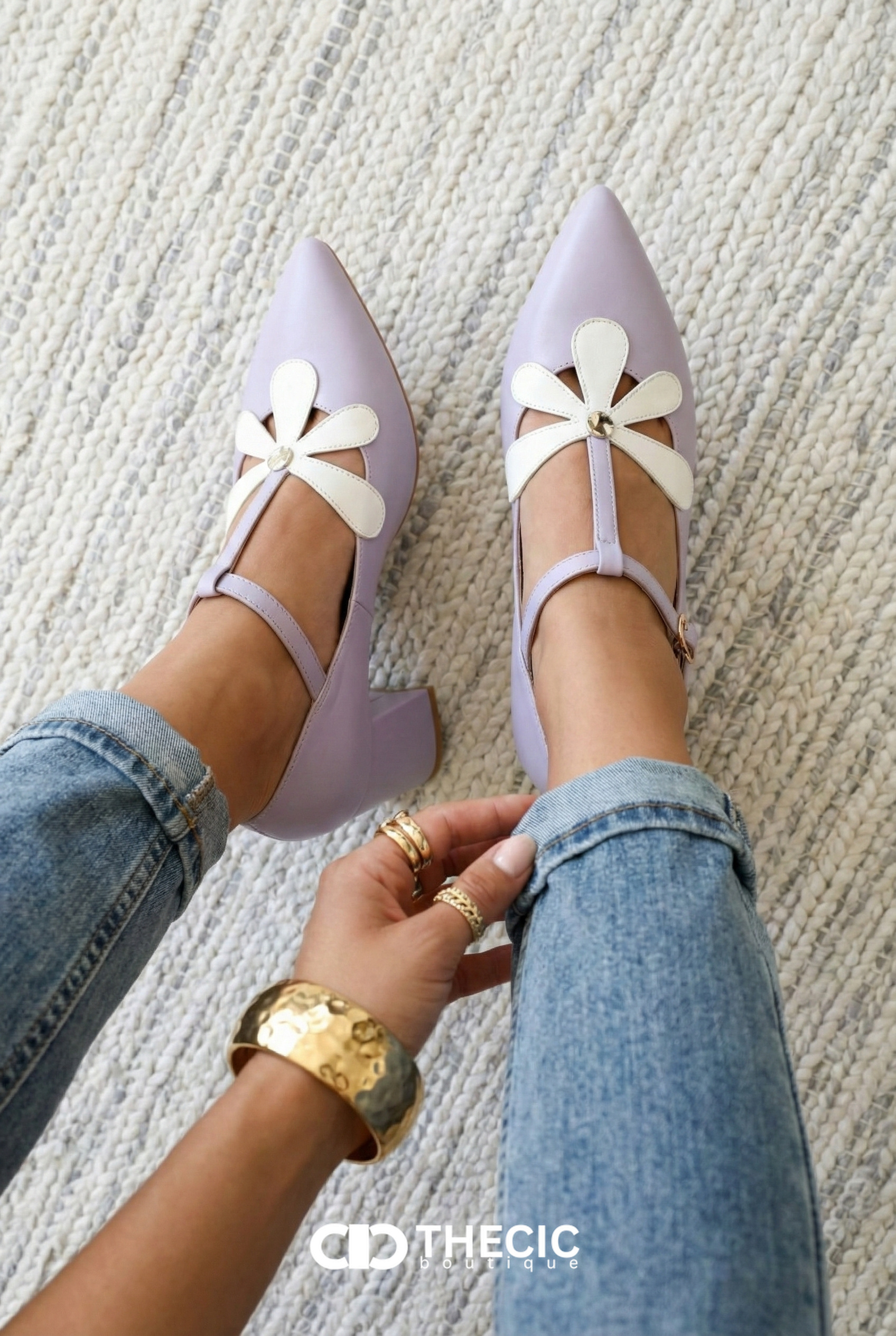 Floral Appliqué Pointed-Toe T-Strap Block Heel Pumps