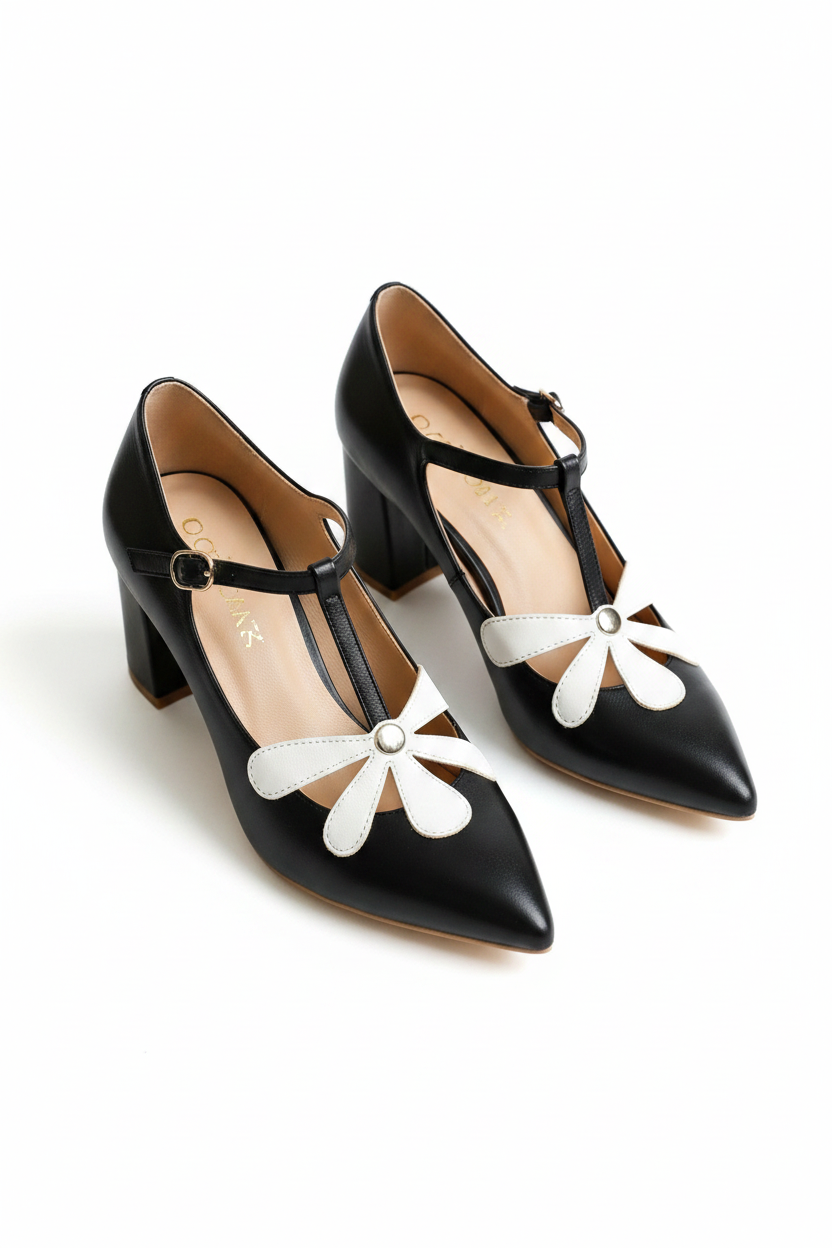 Floral Appliqué Pointed-Toe T-Strap Block Heel Pumps