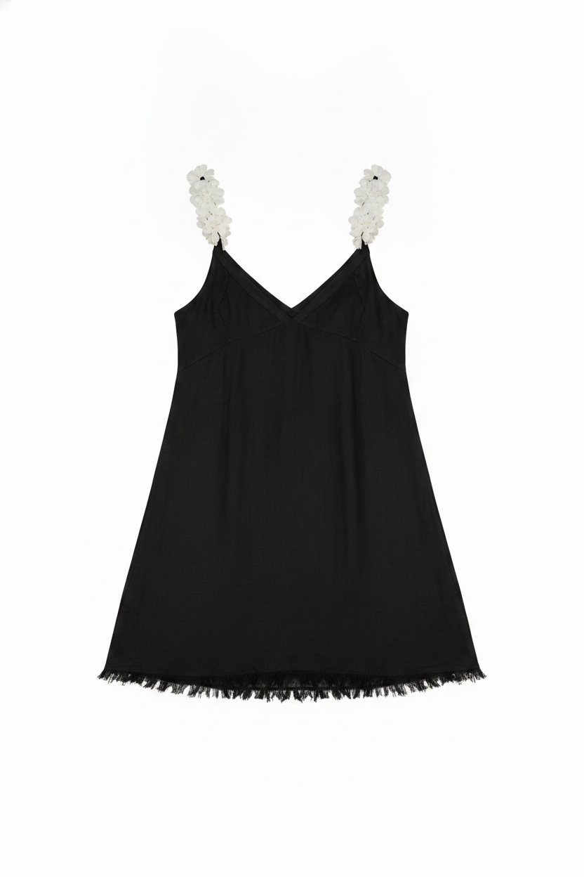 Floral Applique V-Neck Frayed Hem Mini Dress